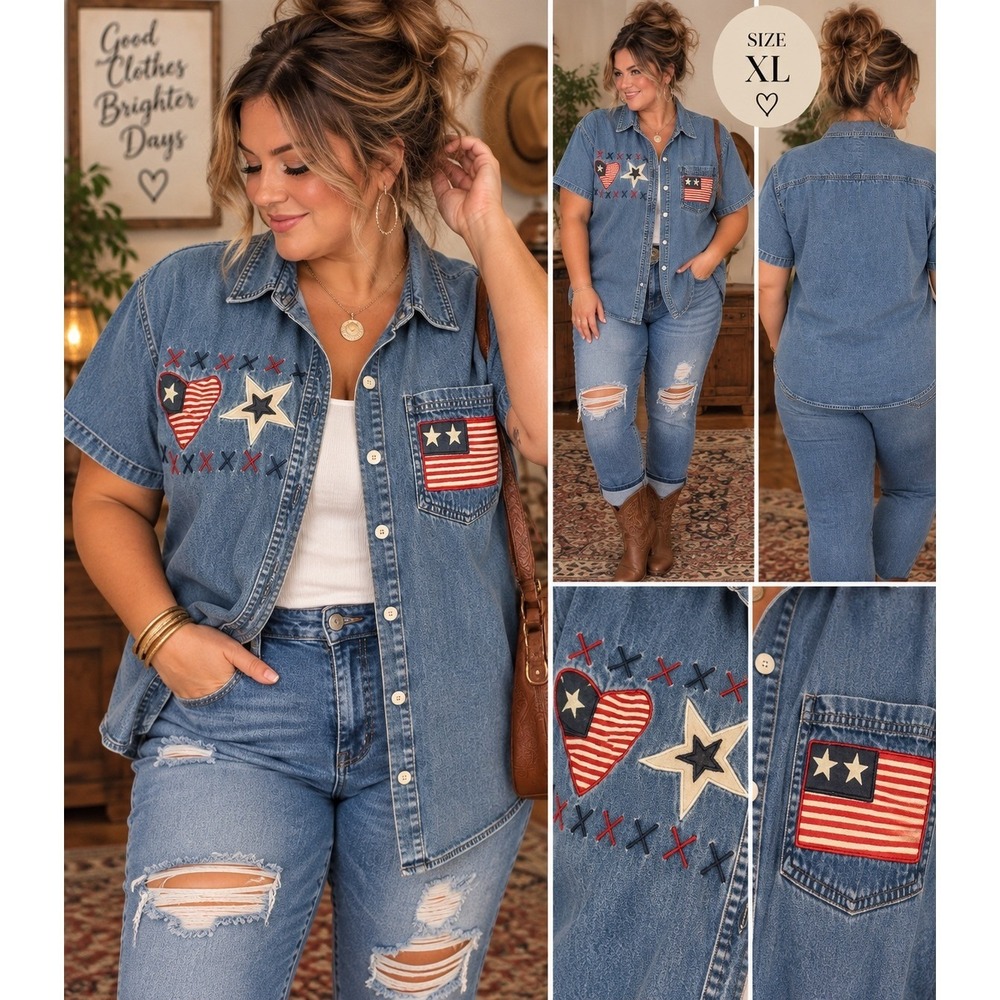 Natural Impressions Denim Shirt Women XL Blue Good Patriotic Stars Americana - Picture 1 of 10
